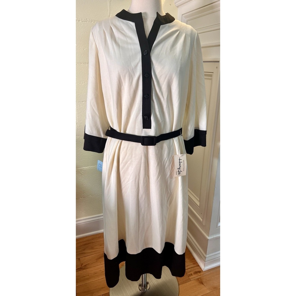 Vtg Henry Lee Size 16 Black & Cream Midi Shift‎ Dress Long Sleeve New With Tags
